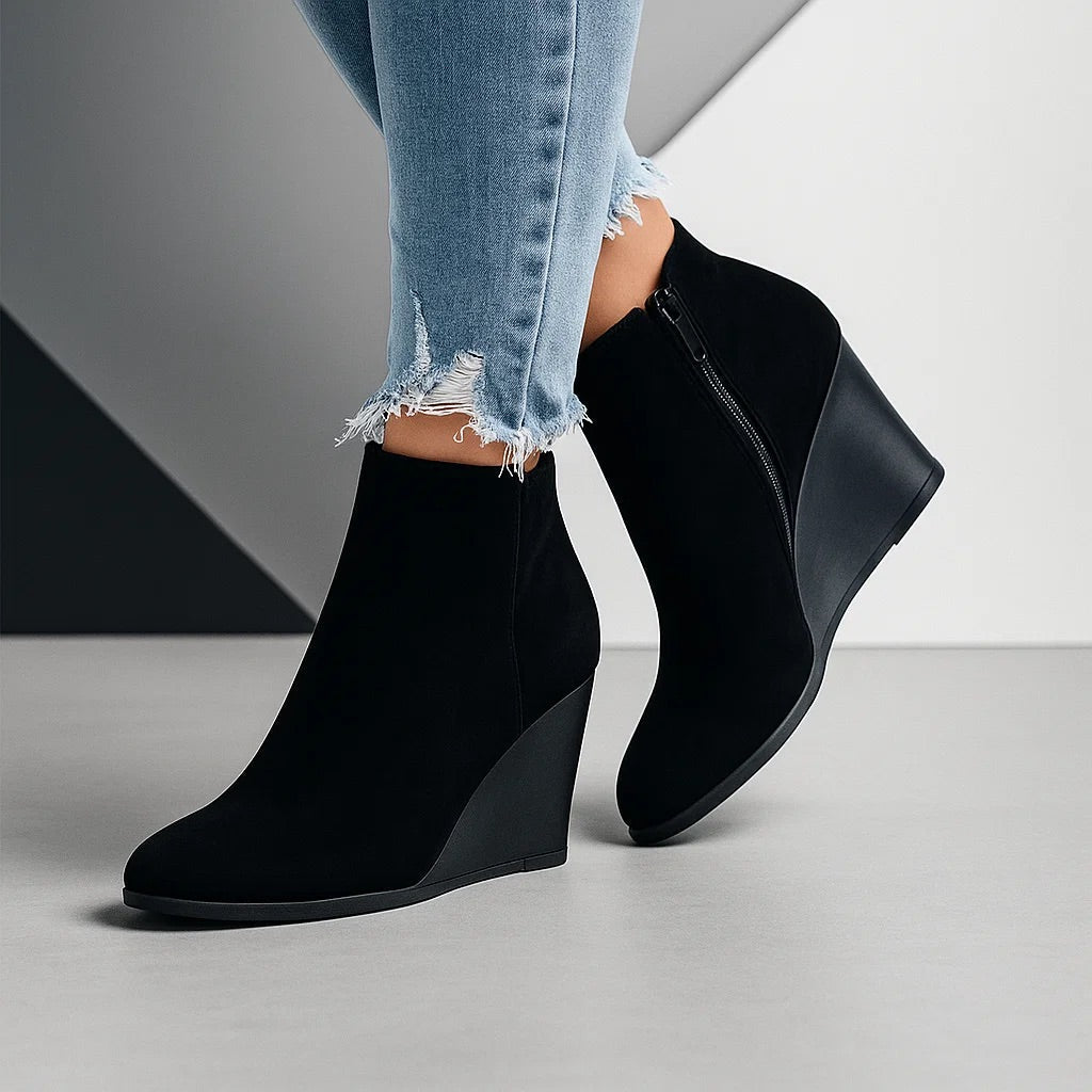 Damen Stiefeletten Keilabsatz Seitenreißverschluss