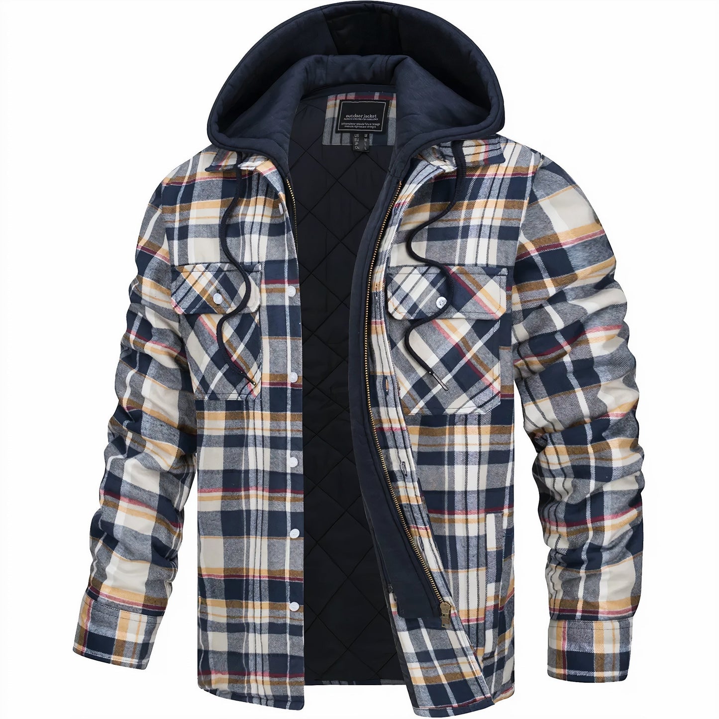 Kariertes Herrenhemd mit Kapuze, blau-weiß, gefüttert, langärmelig, modisch, warm, ideal für Herbst und Winter, Freizeitkleidung.