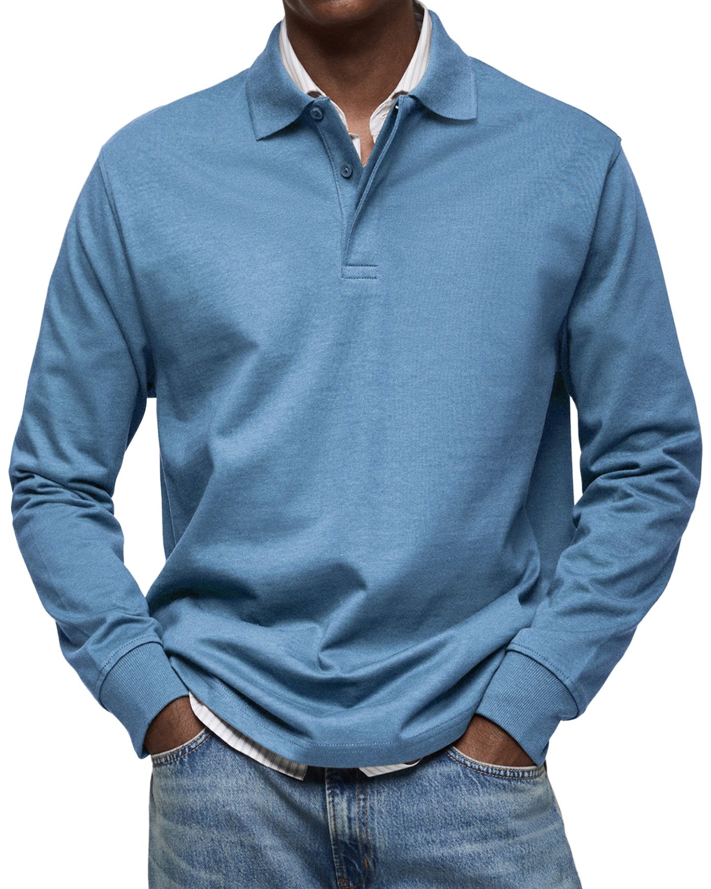 Herren Langarm-Poloshirt Mit Strukturkragen Und Knopfleiste