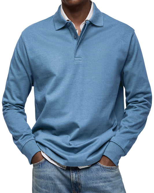 Herren Langarm-Poloshirt Mit Strukturkragen Und Knopfleiste