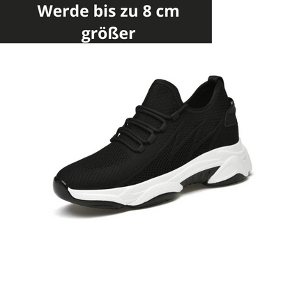 Schwarzer Sneaker mit weißer Sohle, erhöht um bis zu 8 cm, modisches Design, atmungsaktives Material, ideal für Komfort und Stil.