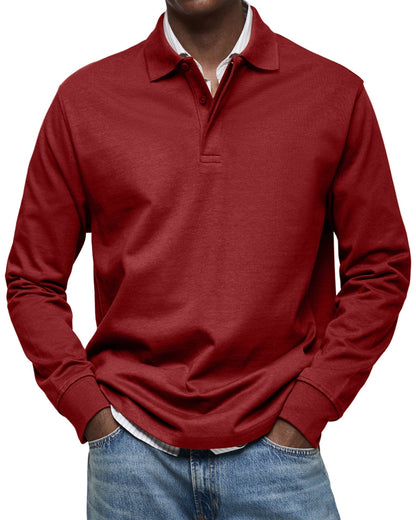 Herren Langarm-Poloshirt Mit Strukturkragen Und Knopfleiste