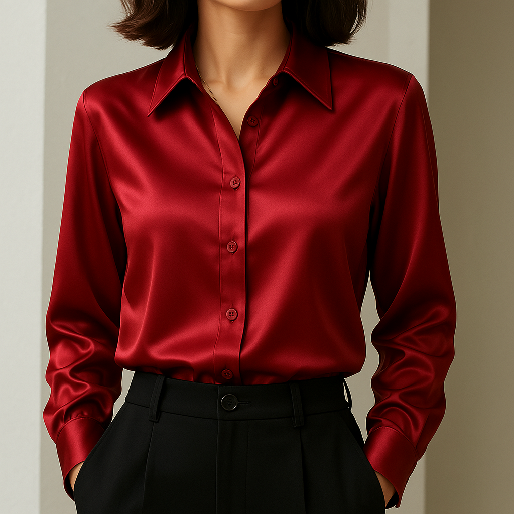Damen Satinbluse Mit Knopfleiste Und Manschettenärmeln