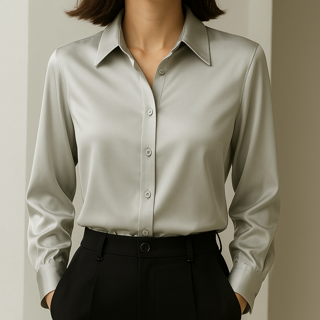 Damen Satinbluse Mit Knopfleiste Und Manschettenärmeln