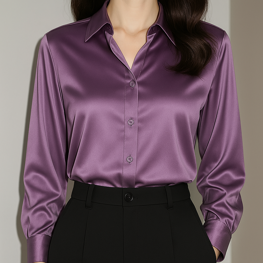 Damen Satinbluse Mit Knopfleiste Und Manschettenärmeln