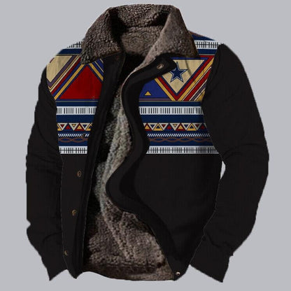 Schwarze Jacke mit buntem, geometrischem Aztekenmuster und Sternmotiv, gefüttert mit weichem Fell. Modische Winterjacke für Herren.