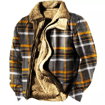 Kariertes Herrenhemd mit gelb-grauem Muster und warmem Fleecefutter. Ideal für Herbst und Winter. Modisches, funktionales Design.