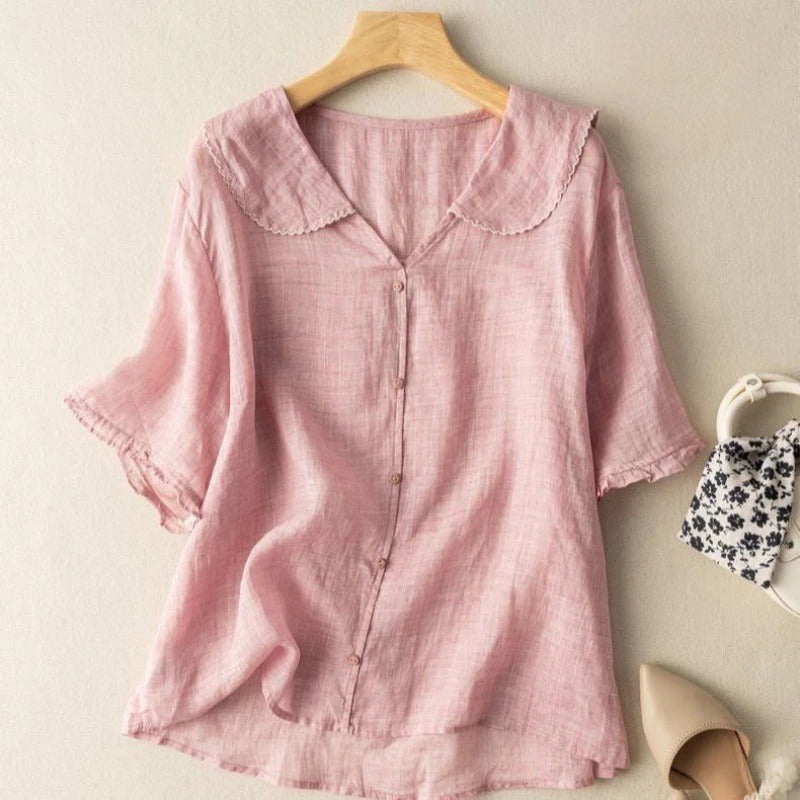 Damen Kurzarm-Bluse mit Wellenkragen und Lockerer Passform