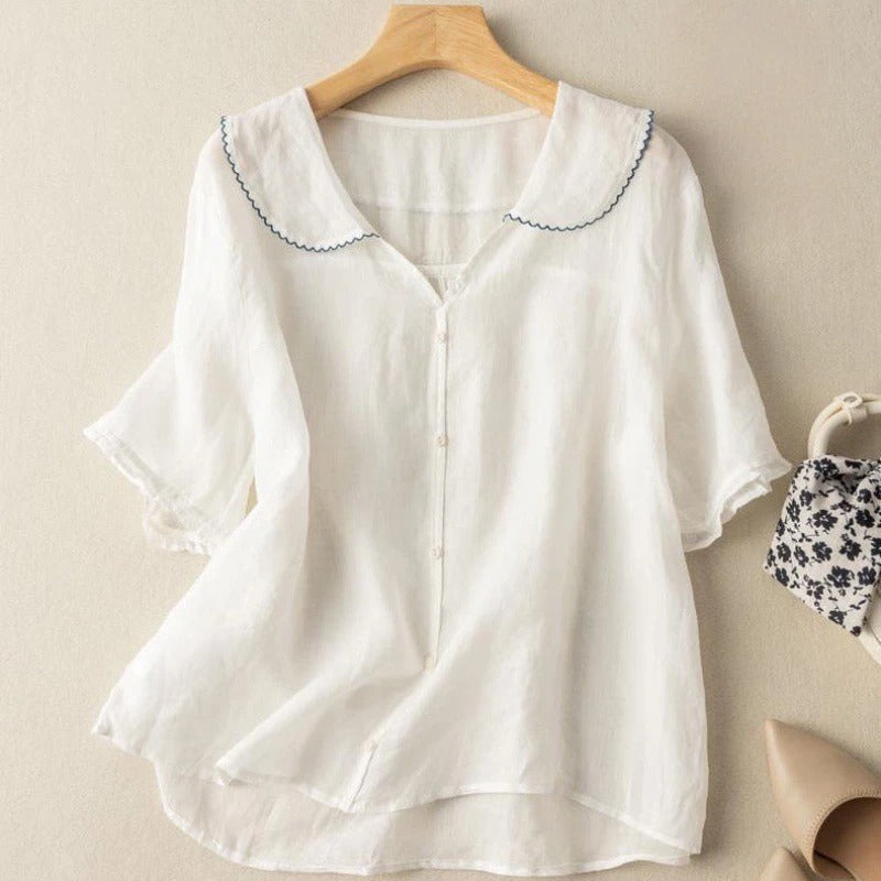 Damen Kurzarm-Bluse mit Wellenkragen und Lockerer Passform