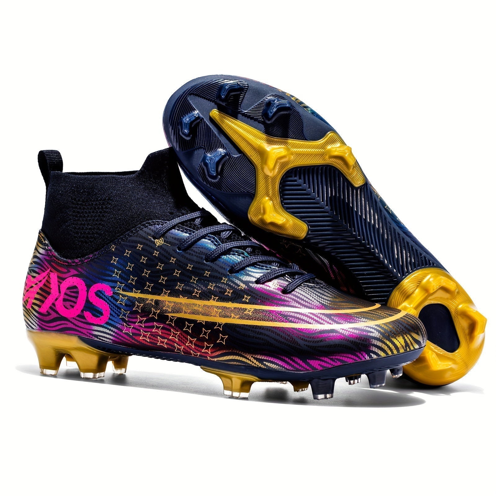 Bunte Fußballschuhe mit goldener Sohle und auffälligem Design, ideal für Kunstrasen. Perfekt für Fußballspieler, die Stil und Leistung schätzen.