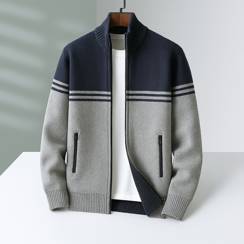 Herren Strickjacke Aus Baumwolle Reißverschluss Gerippter Saum