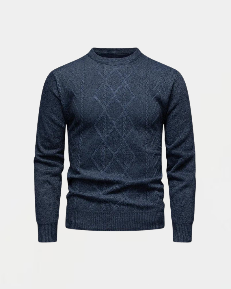 Dunkelblauer Herrenpullover mit Rautenmuster, Rundhalsausschnitt und langen Ärmeln. Stilvoller Strickpullover für Herbst und Wintermode.