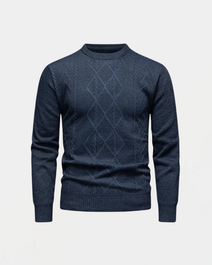 Dunkelblauer Herrenpullover mit Rautenmuster, Rundhalsausschnitt und langen Ärmeln. Stilvoller Strickpullover für Herbst und Wintermode.