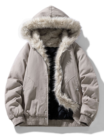 Herren Winterjacke mit Kapuze, Kunstpelzbesatz und gestepptem Innenfutter
