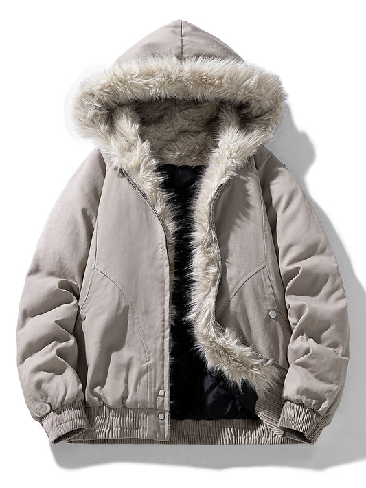Herren Winterjacke mit Kapuze, Kunstpelzbesatz und gestepptem Innenfutter