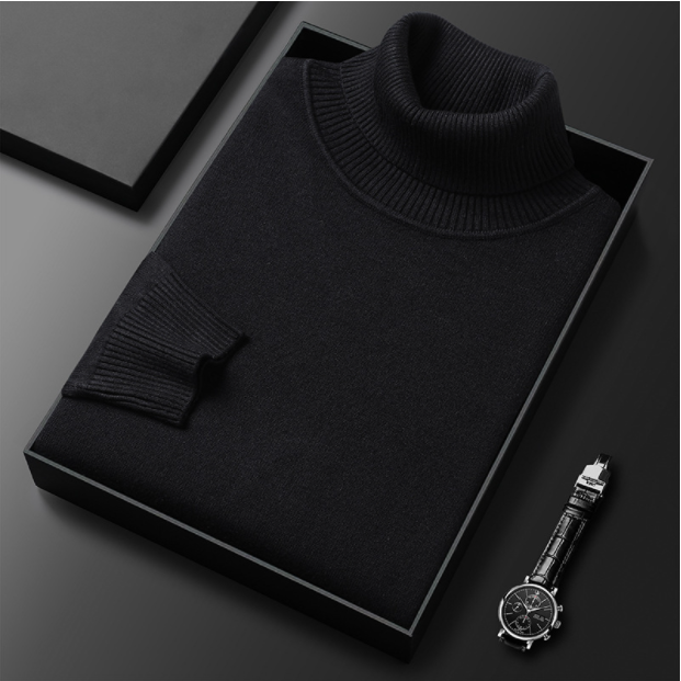 Schwarzer Rollkragenpullover in Geschenkbox auf schwarzem Hintergrund, daneben eine elegante Armbanduhr. Luxuriöse Modeaccessoires für Herren.
