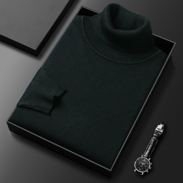 Schwarzer Rollkragenpullover in Geschenkbox neben eleganter Armbanduhr auf schwarzem Hintergrund. Hochwertige Mode, stilvolles Design.