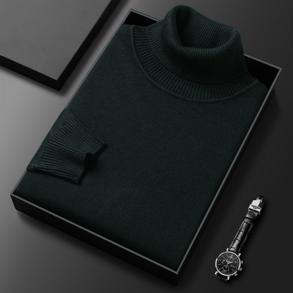 Schwarzer Rollkragenpullover in Geschenkbox neben eleganter Armbanduhr auf schwarzem Hintergrund. Hochwertige Mode, stilvolles Design.