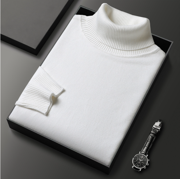 Weiße Rollkragenpullover in Geschenkbox auf schwarzem Hintergrund, neben einer eleganten Armbanduhr. Hochwertige Mode, stilvolles Design.