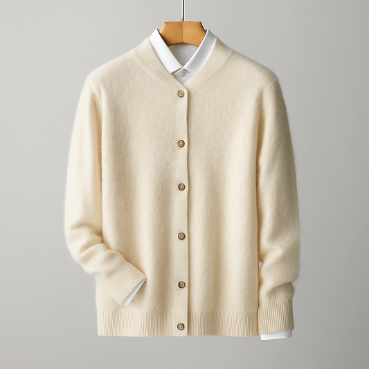 Beige Kaschmir-Cardigan mit Knopfleiste, hängend auf Holzkleiderbügel. Luxuriöse Strickmode, weiches Material, elegantes Design.
