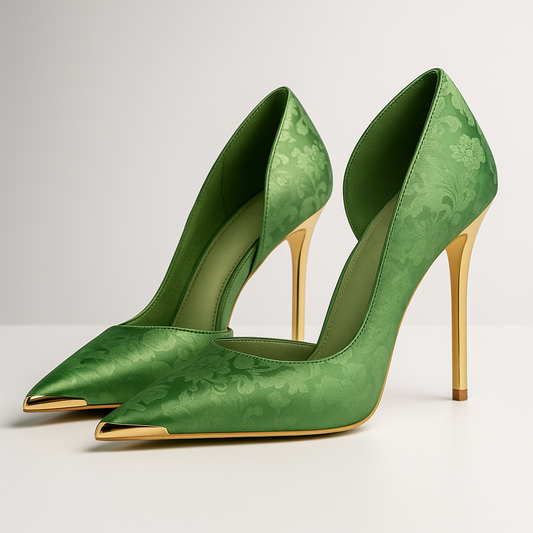 Damen Stiletto Heels Satin Jacquard Gold Akzent