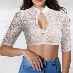 Dirndlbluse Damen Oktoberfest | Trachtenbluse mit Spitze V-Ausschnitt