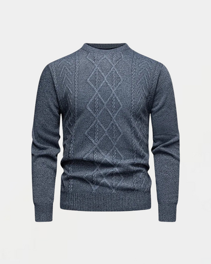 Grauer Strickpullover mit Rautenmuster, Rundhalsausschnitt und langen Ärmeln. Herrenmode, stilvoller Winterpullover, warm und bequem.