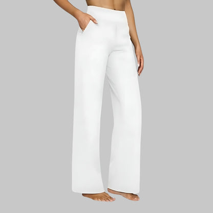 Weiße Damenhose mit weitem Bein, hoher Taille und Taschen, ideal für elegante und lässige Outfits. Perfekt für Mode und Stil.