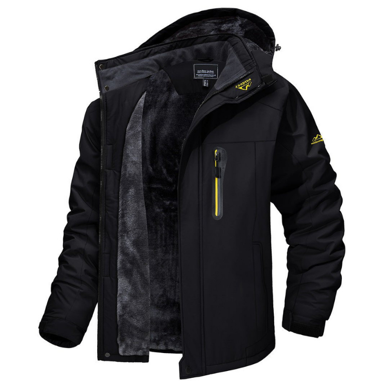 Schwarze Herren-Winterjacke mit Kapuze, wasserabweisend, gefüttert, Reißverschlusstasche, ideal für Outdoor-Aktivitäten und kaltes Wetter.