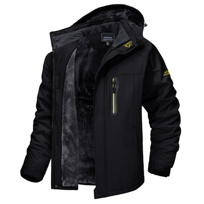 Schwarze Herren-Winterjacke mit Kapuze, wasserabweisend, gefüttert, Reißverschlusstasche, ideal für Outdoor-Aktivitäten und kaltes Wetter.
