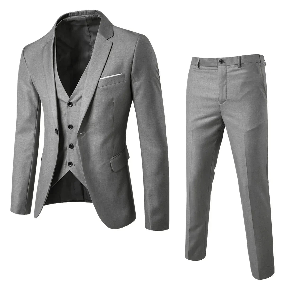 Grauer Herrenanzug mit Weste und Hose, elegantes Design, ideal für formelle Anlässe. Hochwertiger Stoff, klassischer Schnitt, modischer Business-Look.