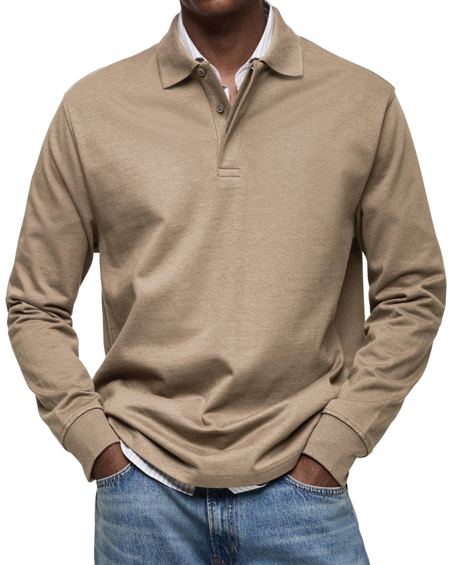 Herren Langarm-Poloshirt Mit Strukturkragen Und Knopfleiste