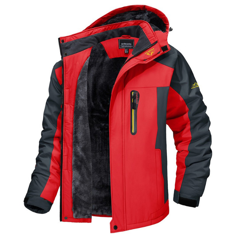 Rote Herren-Skijacke mit Kapuze, schwarzem Futter und Reißverschlusstasche. Wasserabweisend, winddicht, ideal für Wintersport.