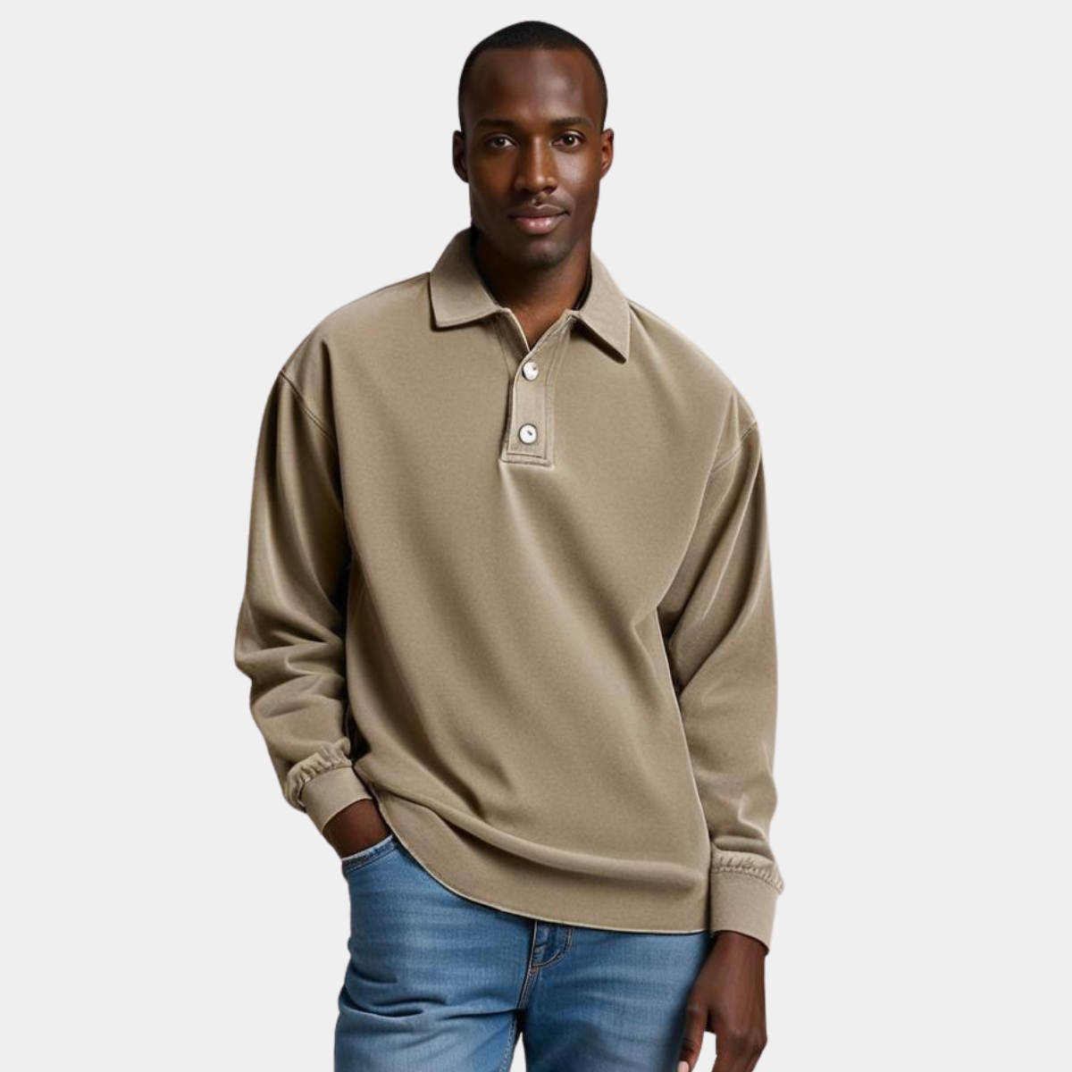 Herren Langarm Vintage-Hemd mit Polokragen und Rippbündchen