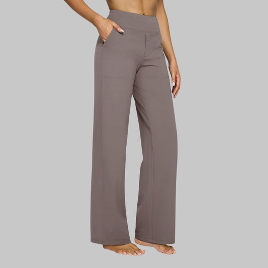 Damen Yogahose mit weitem Bein, hoher Bund, Taschen, lila, bequem, atmungsaktiv, ideal für Fitness, Sport, Freizeitkleidung.
