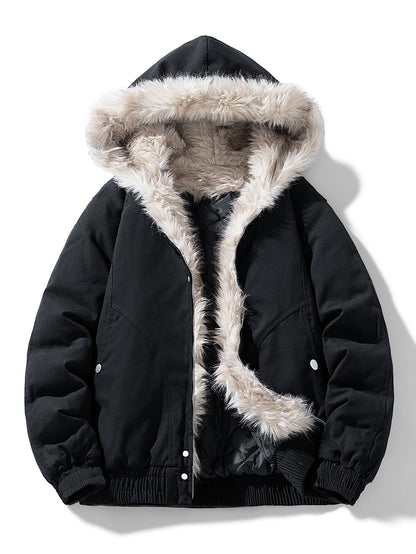Herren Winterjacke mit Kapuze, Kunstpelzbesatz und gestepptem Innenfutter