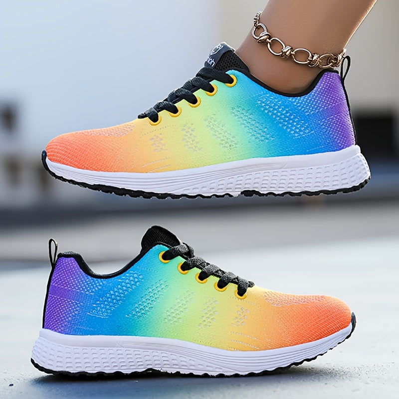 Bunte Laufschuhe mit Farbverlauf von Orange zu Blau, weiße Sohle, schwarzer Schnürsenkel. Modische Sportschuhe für Damen. Ideal für Fitness und Freizeit.