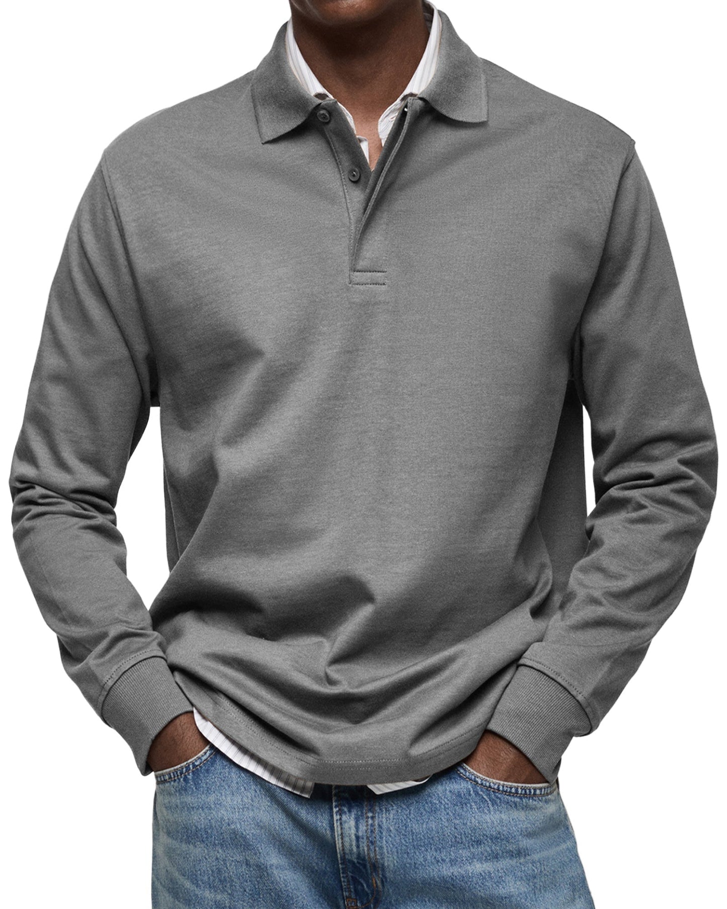 Herren Langarm-Poloshirt Mit Strukturkragen Und Knopfleiste