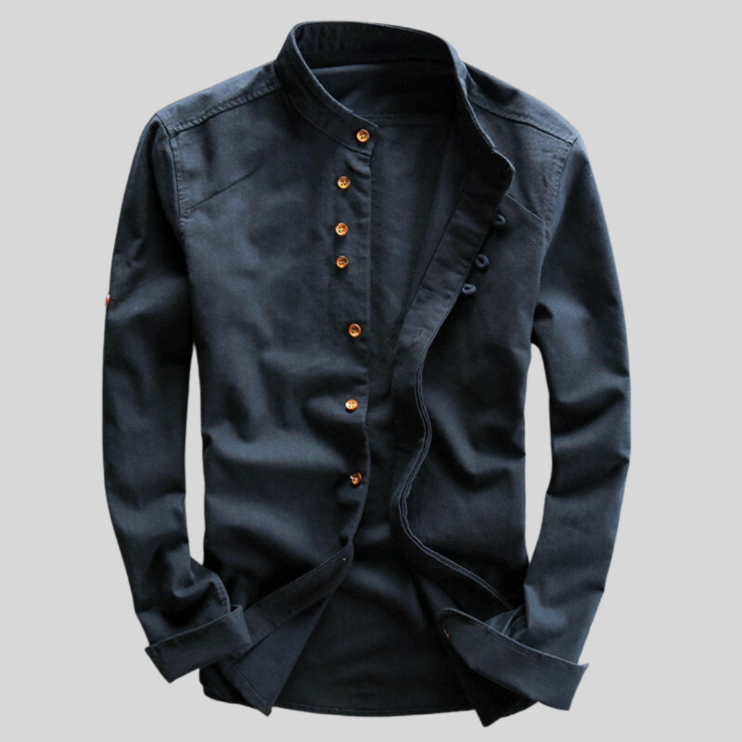 Dunkelblaues Herrenhemd mit Stehkragen und Holzknöpfen, elegantes Design, langärmlig, ideal für Business und Freizeit.