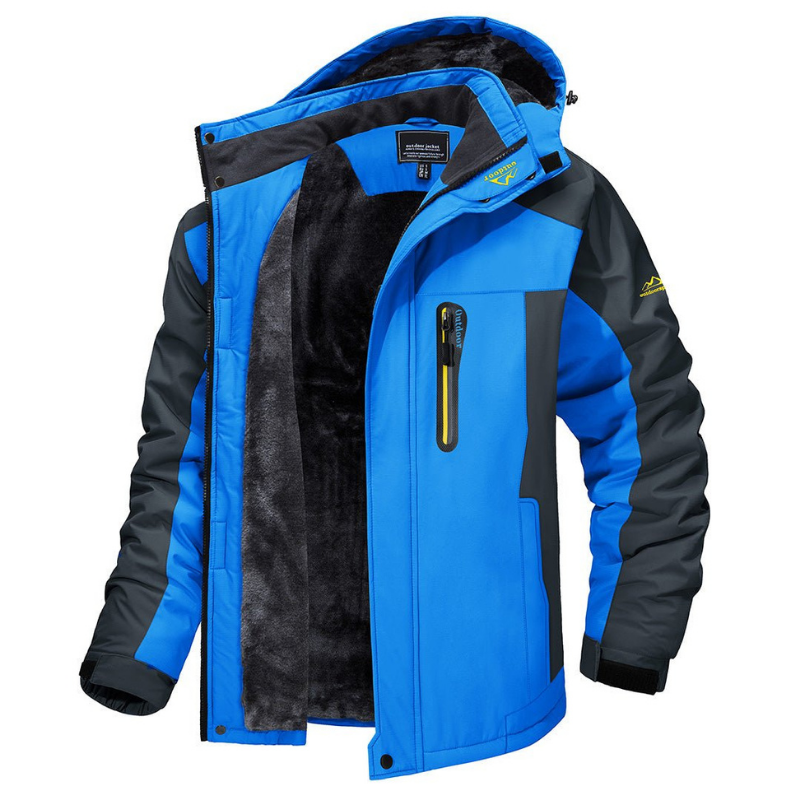 Blaue wasserdichte Herren-Skijacke mit Kapuze, Reißverschlusstasche und Fleece-Innenfutter. Ideal für Outdoor-Aktivitäten im Winter.
