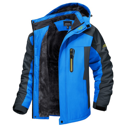 Blaue wasserdichte Herren-Skijacke mit Kapuze, Reißverschlusstasche und Fleece-Innenfutter. Ideal für Outdoor-Aktivitäten im Winter.