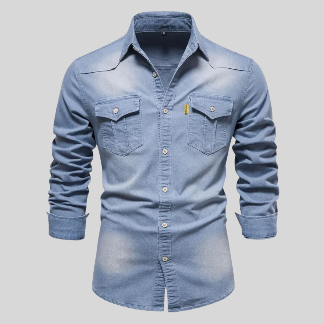 Herren Jeanshemd aus Denim, langärmelig, mit Knopfleiste und Brusttaschen, modisch und lässig, ideal für Freizeitkleidung.