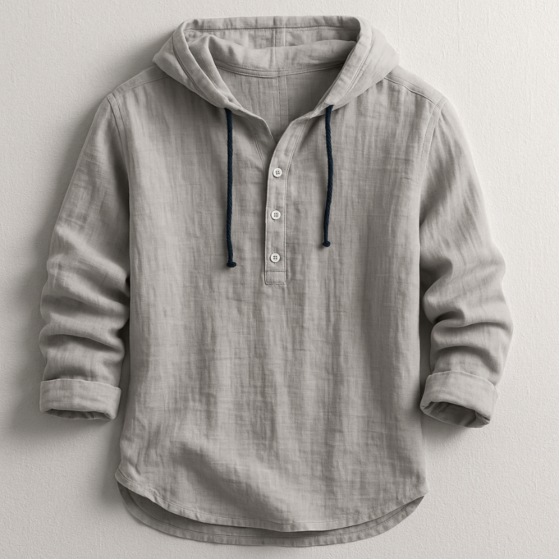 Graues Leinen-Hoodie-Hemd mit Knopfleiste und blauen Kordeln, lässiger Stil, langärmlig, ideal für Herrenmode, bequem und stilvoll.