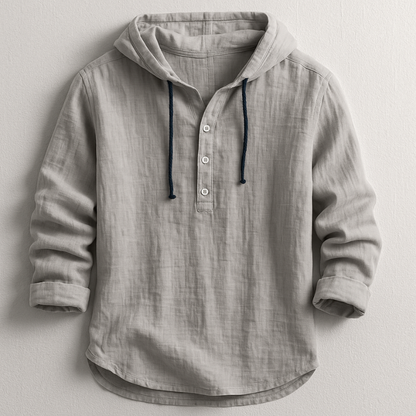 Graues Leinen-Hoodie-Hemd mit Knopfleiste und blauen Kordeln, lässiger Stil, langärmlig, ideal für Herrenmode, bequem und stilvoll.