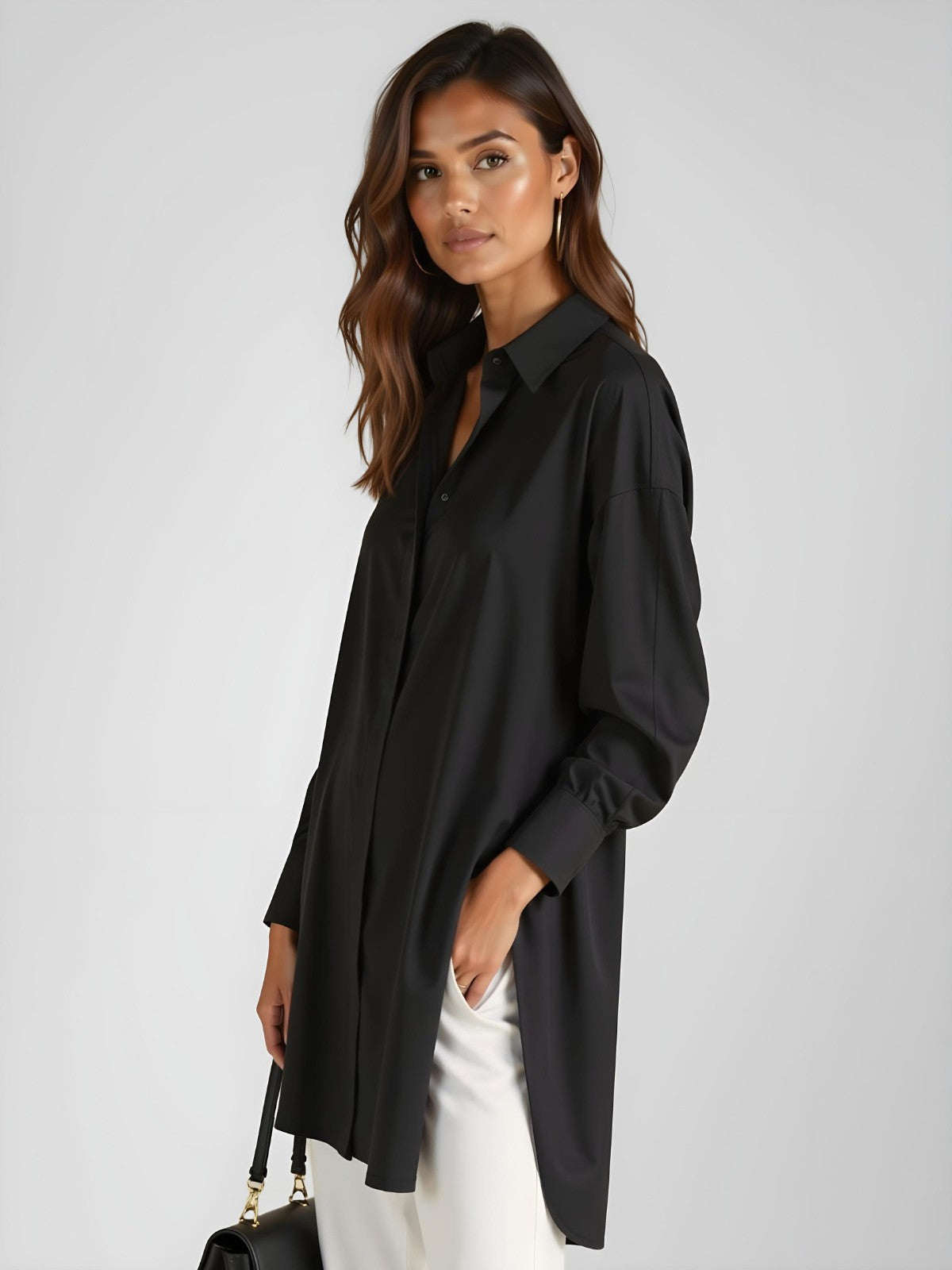 Damen Oversize-Hemdkleid Mit Reverskragen, Knopfleiste Und Seitenschlitz