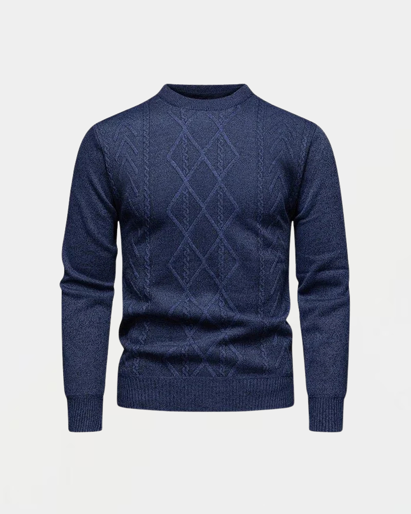 Dunkelblauer Strickpullover mit Rautenmuster, Rundhalsausschnitt und langen Ärmeln. Herrenmode, stilvoller Winterpullover, warm und bequem.