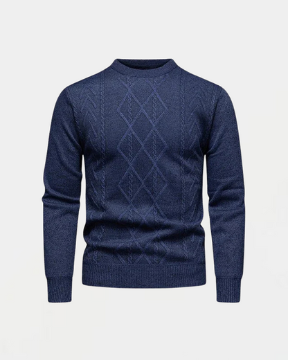 Dunkelblauer Strickpullover mit Rautenmuster, Rundhalsausschnitt und langen Ärmeln. Herrenmode, stilvoller Winterpullover, warm und bequem.