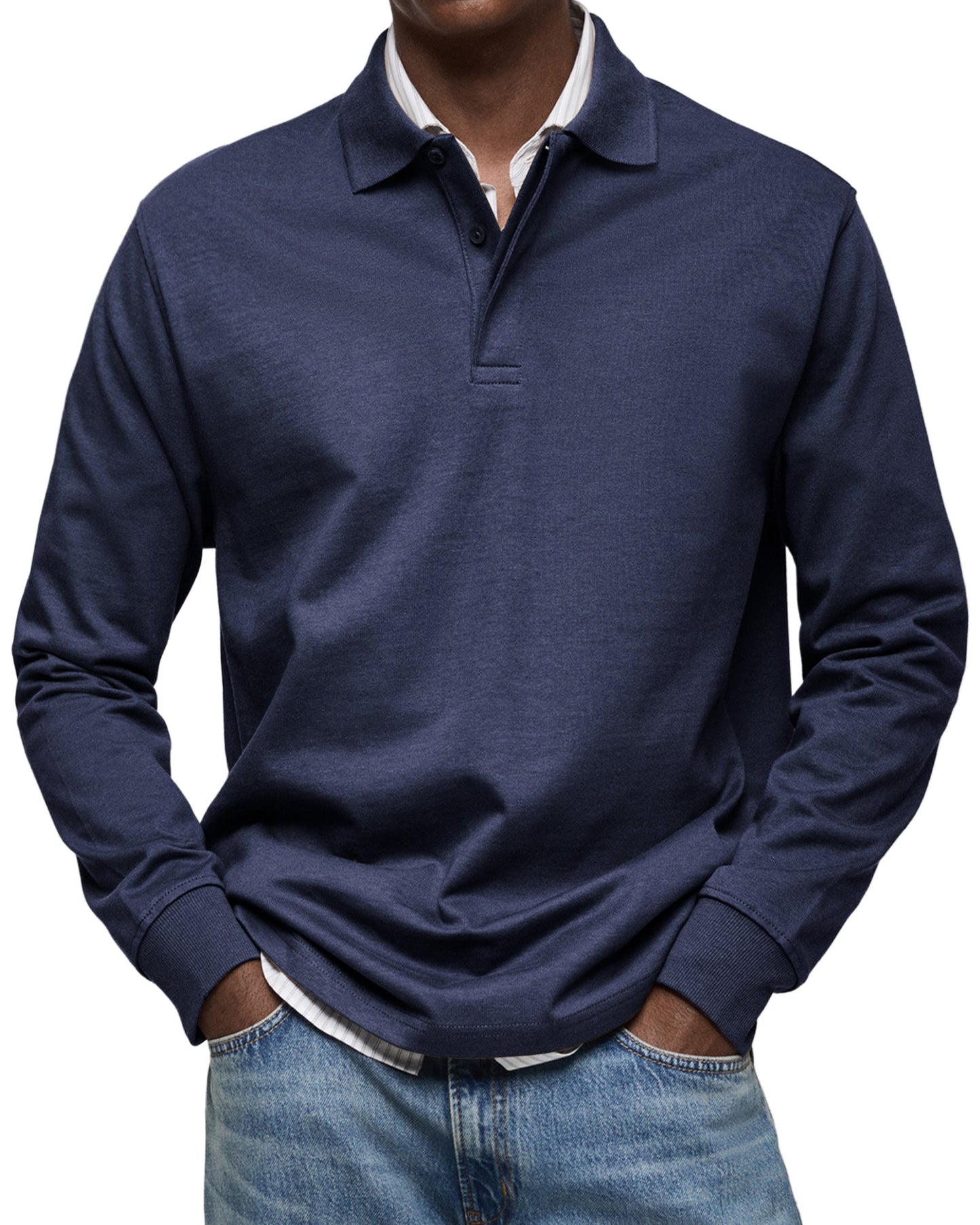 Herren Langarm-Poloshirt Mit Strukturkragen Und Knopfleiste