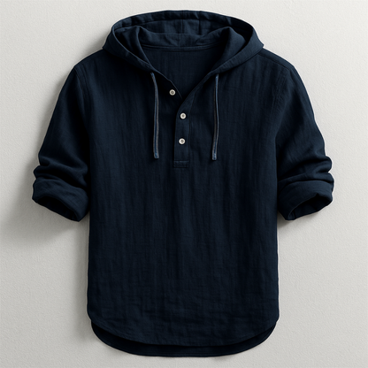 Dunkelblauer Herren-Hoodie aus Leinen mit Knopfleiste und Kapuze, lässiger Stil, ideal für Freizeitmode und Herbstbekleidung.
