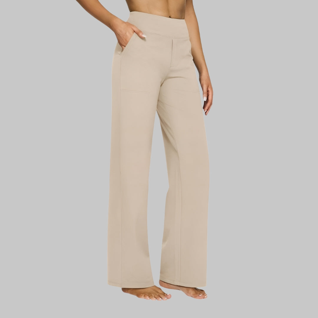 Beige Damenhose mit weitem Bein, hoher Taille und Taschen, ideal für Freizeit und Büro. Modische, bequeme Damenbekleidung.
